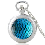 Pocket Watch, Unique Blue Dragon Scale Design Glass Cabochon Quartz Pocket Watch Vintage Men Women Pendant Necklace Chain Clock