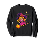 Pixelated Little Purple Witch on a Broomstick for Kids Sweatshirt