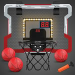 HYES Mini Panier de Basket pour Enfants Intérieur, Panier Basketball pour Porte Mural avec 3 Ballons, Filet, Lighting, Backboard et Pompe à Air, Mini Hoop pour Cadeaux Garçons Filles, Rouge