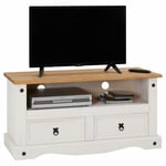 Meuble banc TV style mexicain 2 tiroirs 1 niche pin massif lasuré blanc et brun