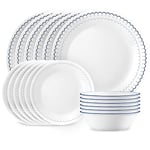 Corelle 18-Piece Dinnerware Set, Service for 6, Lightweight Round Plates and Bowls Set, Vitrelle Triple Layer Glass, Chip Resistant, Microwave and Dishwasher Safe, Caspian, Navy, White