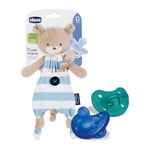 Chicco Set de porte-tétines et 2 gommes en silicone 16-36 mois, Pocket Friend Newborn Baby Rabbit Dummy Holders, pratique et hygiénique, set de gommes douces et délicates, idée cadeau, bleu clair