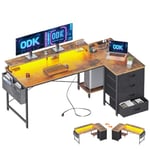 ODK Bureau d'angle, Bureau en L avec 2 Prise de Charge USB et 2 Prise de Courant, Bureau Informatique Réversible avec 4 Tiroirs et Tablette pour écran Bureau pour Domicile (Marron, 160x80x84.7cm)