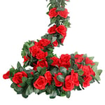 LESING Lot de 4 Guirlande de Rose Artificielles avec Feuille de Lierre Fausse Soie Roses Fleurs Artificielles à Suspendre pour la Maison, Mariage Arche Arrangement Jardin (Rouge)
