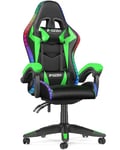 bigzzia RGB Gaming Chair with LED Lights and Ergonomic Computer Chair Reclining PU Leather High Back Video Game Chair with Headrest Adjustable Lumbar Support Linkage Armrest for Adults(Black/Green)