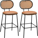 Tabourets de Bar Lot de 2, Chaise Haute Bar en Cuir pu 75 cm de Haut, Tabouret Cuisine avec Dossier Rotin pe, Repose-pieds, Cadre en Métal, pour