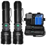 WEDETIAN 2PCS Lampe Torche LED Rechargeable,30000 Lumens Lampes Tactique de Poche Ultra Puissante, 5 Modes D'éclairage IP65 Étanche Pour Camping Randonnée Urgence