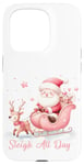 Coque pour iPhone 15 Pro Père Noël rose clair traîneau neige renne neige hiver