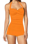 Sovoyontee Women's One Piece Tummy Control Swimwear Boyleg Ruched Swimsuit, Orange, Small