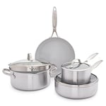 GreenPan Venice Pro Tri-Ply Stainless Steel Healthy Ceramic Non-Stick 7 Piece Cookware Pots and Pans Set, PFAS Free, Multi Clad, Induction, Oven Safe, Silver