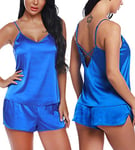 RSLOVE Lingerie Sexy Vêtements de Nuit en Satin Pyjamas Ensemble Cami Shorts Col en V pour Femmes Bleu Royal S