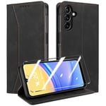 QHOHQ Coque pour Samsung Galaxy A15 4G/5G +Protection écran, [RFID Blocage], Etui Protection Housse Premium en Cuir PU, [Emplacements Cartes] Magnétique Flip Case, Anti-Vibration (Fantaisie) - Noir