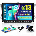 Hikity 2+64GB Android Dab Autoradio pour VW Golf 5 Golf 6 Skoda Passat Polo sans Fil CarPlay Android Auto, 9" Écran Tactile Radio avec GPS Navi Bluetooth WiFi FM/RDS Canbus AHD Caméra de recul