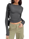 Trendy Queen Womens Long Sleeve Shirts Basic Spring Crop Tops Fall Fashion Layering Slim Fitted Y2k Tops, Gray, S