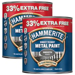 2x Hammerite Metal Paint Smooth Black 750ml + 33% Free Direct To Rust 1L Protect