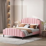 Lit rembourré 140 x 200 cm cadre de lit avec tête de lit, pied de lit et sommier à lattes, rose