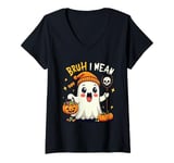 Womens Funny Halloween Ghost Bruh I Mean Boo Skull Pumpkin Candy V-Neck T-Shirt