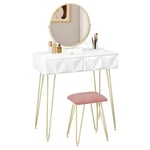 EUGAD Coiffeuse Table avec Tabouret Velours et Miroir pivotant à 360°,Table cosmétique à 2 tiroirs Effet 3D,Blanc+Or 0042SZT