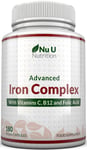 Iron Supplement 180 Vegan Capsules with Vitamin C, B12, Folic Acid Unisex
