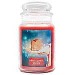 Village Candle Bougie de Noël parfumée en pot en verre avec inscription « Here Comes Santa » Rouge 737 g