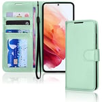 TECHGEAR Galaxy S21 FE 5G Leather Wallet Case, Flip Protective Case Cover with Wallet Card Holder, Stand and Wrist Strap - Green PU Leather with Magnetic Closure Designed For Samsung S21 Fan Edition