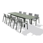 Lot composé d'une table de jardin MIAMI-TB300-KAKI avec rallonge et de 8 fauteuils MIAMI-FT-KAKI empilables