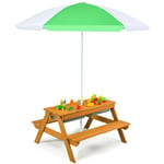 Goplus - Table et Banc 3 en 1 pour Enfants avec Parasol,Table Convertible avec Plateau Amovible et 2 Boîtes de Rangement,Vert+Blanc