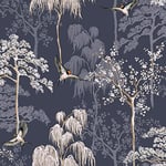 Arthouse Japanese Garden Blue Wallpaper 908106 - Oriental Birds Trees Blossom