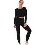 Xinyuan Women's Stretch Fit Yoga Suit Tracksuit Lounge Wear, Long Sleeve Crop Tops + High Waist Leggings 2 Pcs Set, Gym Running Outfit Black-L