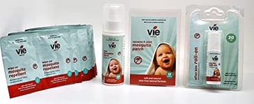 Vie Essential Bundle Travel Kit Deet Free-Mosquito Spray, Squeeze and Stick Patches, 12 Wipes and After Bite Roll on, Multicolor, One Size