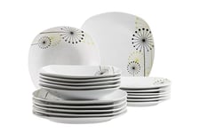 Mäser Vanesa Service de table pour 4 personnes avec décor floral discret, 18 pièces, assiettes plates, assiettes creuses et assiettes à dessert, porcelaine, blanc