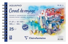 Clairefontaine 975959C - Carnet de Voyage Spiralé Aquapad - 25 Feuilles Papier Aquarelle Blanc Grain Moyen Fin 17x27 cm 300g - Idéal pour les Artistes Globe-trotteurs