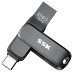 SSK 256GB USB 3.2 Thumb Drive, Up to 200 MB/S Read Speed Memory Stick, Dual USB Flash Drive with USB Type-C and USB A,Robust Black Metal Pen Drive for Smartphones, Tablets, MacOS,computers,Car, TV