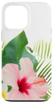 Coque pour iPhone 13 Pro Max Fleur d'hibiscus rose pâle avec feuilles vertes Bouquet de jardin