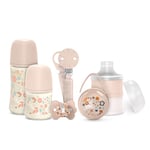 Suavinex, Coffret Cadeau Nouveau-né. Kit Biberons Anti-Coliques 150 ml et 270 ml + Sucette 0/6 Mois avec Tetine Symétrique SX Pro + Doseur Lait + Attache-sucette + Boîte à Tétines. Wonderland Rose