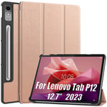 (Lenovo P12 (12.7)Rose gold)Älykäs kotelo Lenovo Tab P12 12,7" 2023 Kevyt kolminkertainen suojus jalustalla Auto Wake PU -nahka Lenovo Tab P12 -tablettitietokoneiden kuorille ja kuorille