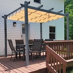 PURPLE LEAF Grain de Bois Pergola Aluminium 3 x 3 m Extérieur, Abri Soleil Toile Teint en Fil, Kaki, Pavillon De Jardin Rétractable pour Terrasse