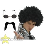 70's Man Set Black Afro Wig Moustache Black Glasses Disco Fancy Dress 1970's