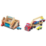 Melissa & Doug Service Station Parking Garage | Wooden Vehicle | Pretend Play | 3+ | Gift for Boy or Girl & Wooden Car Transporter Toy Truck