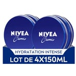 NIVEA Crème visage, corps & mains (lot de 4 x 150 ml), crème hydratante à la texture onctueuse enrichie en Eucerit, soin hydratant multiusage pour toute la famille