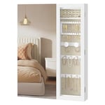 SONGMICS Armoire à Bijoux LED, Rangement Bijoux avec Miroir, Fenêtre en Verre, Accrochée au Mur ou à la Porte, 10 x 60 x 80 cm, Miroir Intérieur, 3-en-1, Chambre, Dressing, Blanc et Grège JJC028W01