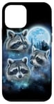 Coque pour iPhone 12 mini Trois ratons laveurs engloutis dans les nuages de galaxie sous la lune glacée