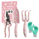 WORKPRO Ensemble d'Outils de Jardinage 4 Pièces, Outils en Acier Inoxydable avec Gants, Sécateur, Truelle de Jardin, Râteau à Main, Idéal pour Taille et Entretien, Cadeaux de Jardinage, Rose Imprimé