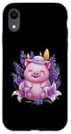 Coque pour iPhone XR Cochon en style dessin animé kawaii avec lavande et lys