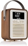 Retro Mini Radio Dab Plus/Dab avec Bluetooth, FM et Radio Réveil Fonction - Alimentée par Secteur et Batterie Radio Portable avec Antenne, Prise Casque et Port de Charge USB ¿ Noyer