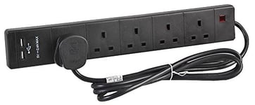 pro elec 5 Way Extension Lead with 2 x USB Socket, 2m In Black