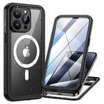 Lanhiem Coque pour iPhone 15 Pro Étanche - Antichoc [Compatible avec Mag-Safe] Incassable 360 Intégrale [avec Protection Écran+Camera] IP68 Waterproof Chantier Antipoussière pour iPhone 15 Pro Noir