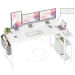 BEXEVUE Bureau d'angle avec multiprise, 140 x 70 cm Ergonomique Petit Compartiment de Rangement en Forme de L - Table d'angle réversible Bureau d'ordinateur, Table de Jeu d'angle pour étude, Blanc