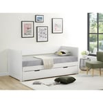 Vente-unique Lit gigogne banquette 90 x 190 ou 174 x 190 cm - Avec sommier peigne et tiroir - Pin et MDF - Blanc + matelas - ALFIERO II