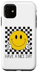 Coque pour iPhone 11 Have a Nice Day, sourire rétro des années 70, visage souriant à carreaux